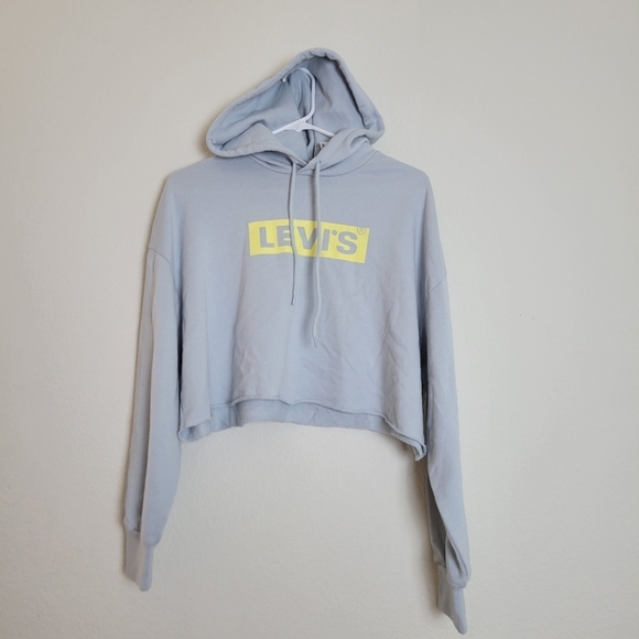 NWT Levi’s Cropped Logo Hoodie Light Blue Raw Hem Sweatshirt XS - Picture 2 of 10
